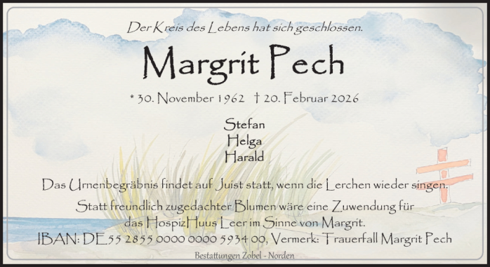 Traueranzeige Margrit Pech vom 27. Februar 2026 im Ostfriesischen Kurier